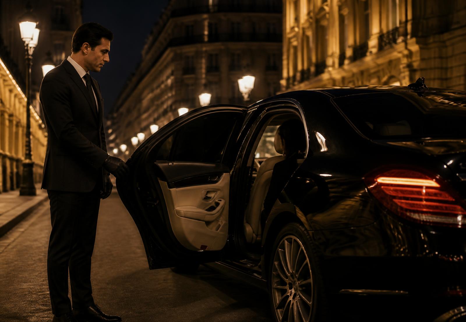 Private chauffeur holding open the door of a luxury sedan on a Paris boulevard at night